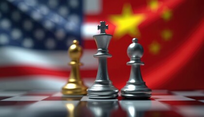 Naklejka premium Chess pieces on chessboard with USA and China flags. It shows trade war or political game between countries. Financial battle metaphor demonstrates economic competition of world leaders.