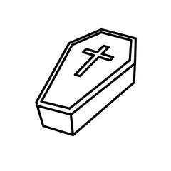 Illustration of a coffin with a cross on top, in black and white.