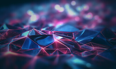 Terreno abstracto de triángulos conectados, colores azul, rosa y púrpura, iluminación brillante y efecto tridimensional.El paisaje digital vibra con luz: geometría facetada, color eléctrico.
