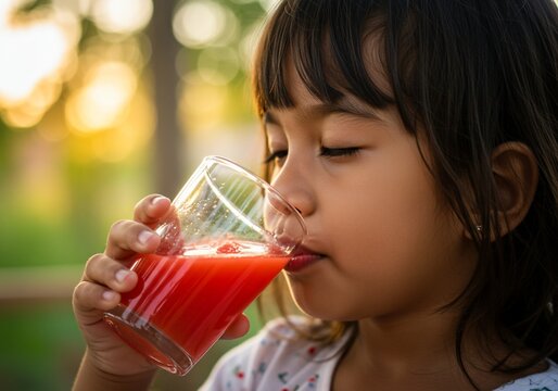 Cute little girl drinking a glass of red juice outdoors at sunset. - Powered by Adobe