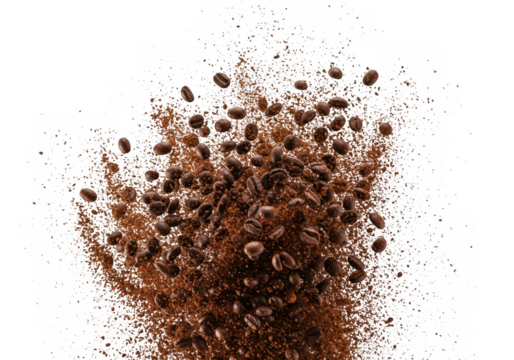 Explosion of coffee beans high-speed capture dynamic chaotic motion and texture transparent background
