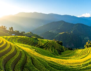 Panoramic view of terraced rice paddies at sunrise