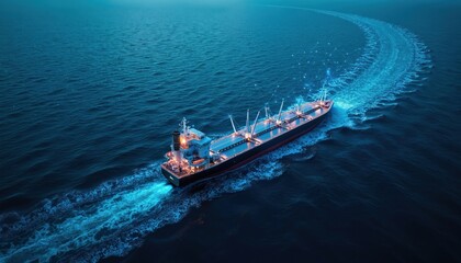 Freight ship sails across vast ocean waters. Visuals depict tech integration, digital network lines connecting vessel. Concept illustrates maritime tech innovation, shipping logistic, globalization,