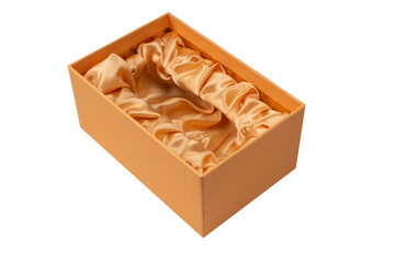 Orange empty gift box covered with orange satin fabric isolated on a white background.