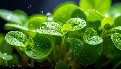 Close up of vibrant green seedlings with water droplets.