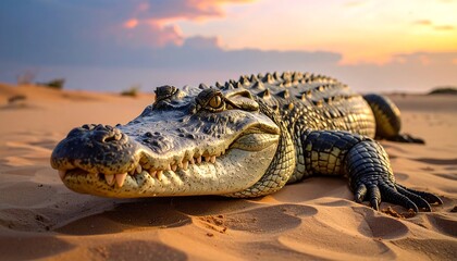 Fototapeta premium Close up of a large crocodile resting on sandy terrain during sunset.