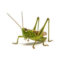 Fototapeta premium Vibrant green grasshopper detailed studio shot on clean white background showcasing nature's beauty and intricate insect design