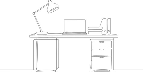 Fototapeta premium Minimalist Line Drawing Desk with Laptop and Lamp Illustration