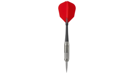 Isolated dart with metal barrel and red flights ready for a game of skill and accuracy