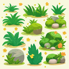 Cartoon green grass and stone elements.