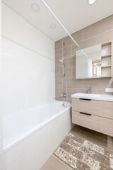 Modern Home Bright Bathroom Interior with Bathtub and Stylish Wooden Vanity