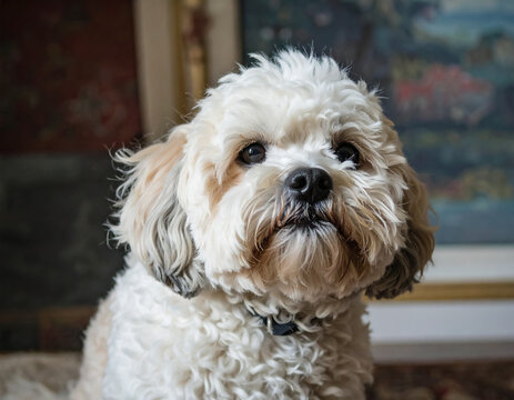 A fluffy, light-colored Zuchon (Shih Tzu Bichon mix) or similar small dog breed, often called a "Teddy Bear" Dog looking at the camera.