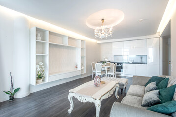 Elegant Modern Home Living Room with Open Kitchen and Stylish Interior Design. 