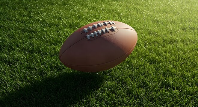 Plain rugby ball resting on fresh green grass field, symbol of sport, energy, and outdoor training atmosphere. - Powered by Adobe