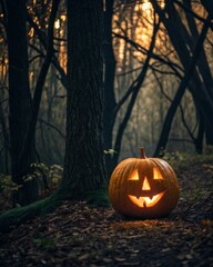 Illuminated pumpkin display dark forest artistic photography enchanted environment atmospheric perspective magical carving concept