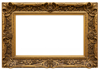 Exquisite vintage gold ornate picture frame with elaborate decorative scrollwork and floral motifs transparent background