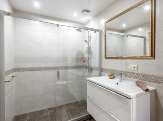 Modern Minimal Home Hotel Bathroom with Glass Shower and Stylish Details