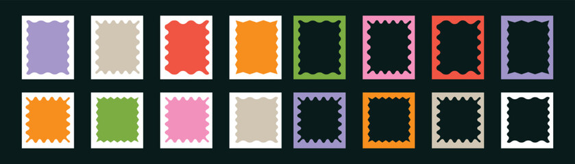 Set of Rectangle frames zigzag edge with doodle curvy squiggly wavy, zigzag frame, zigzag edge stickers. Wave scalloped edge border in flat retro style. Vector illustration.