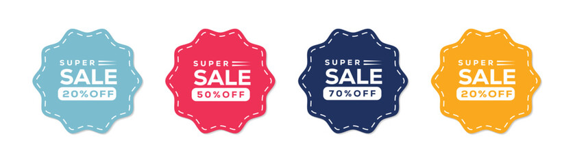 Set of Sale sticker discount tag, label banner with different sale percentage. 20, 30, 50, 70 percent off price reduction badge, vector illustration
