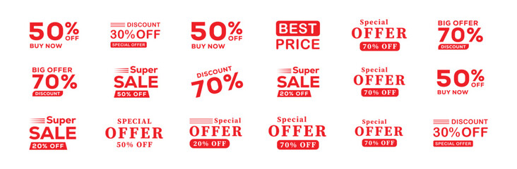 Red Offer Sale sicker, label or badge. Discount Text design. 10, 20, 30, 40, 50, 60, 70, percent price off. Different percent discount sticker discount price tag set. Vector illustration.