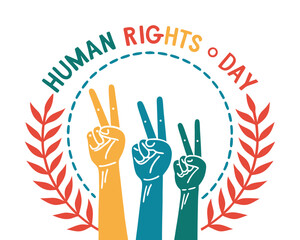 Colorful Human Rights Day Illustration with Peace Sign Hands and Festive Design Promoting Equality and Freedom