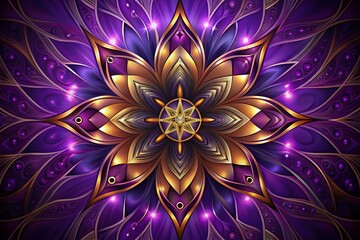 Intricate golden lotus flower with vibrant purple fractal background