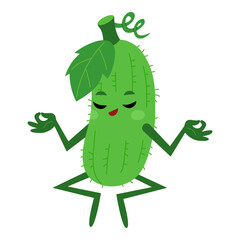 Cute cucumber character meditating in yoga lotus pose with closed eyes. Colorful flat veggie illustration isolated on white background. Vector fun kawaii mascot for food kids projects