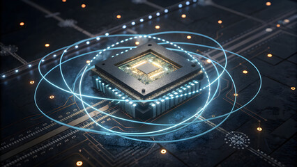 Futuristic quantum computer chip with orbiting energy streams and data flow abstract digital art