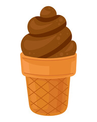 Chocolate ice cream in waffle cone. Flat vector illustration with shadows and highlights. Isolated on white background for dessert design or cafe menu