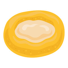 Yellow pastry bun with cottage cheese filling in the center. Vector flat image of curd tart with highlights and shadows. Isolated on white background for menu and playful designs.
