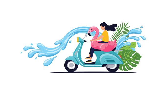 A woman rides a scooter with a flamingo float and splashing water.