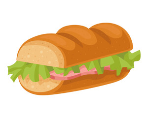 Ham baguette sandwich with green lettuce. Vector flat illustration with highlights. Isolated food image on white background perfect for cafes restaurants and food projects.