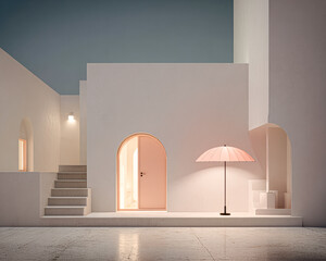 A serene architectural scene featuring white walls, arched doorways, soft lighting, and a pink umbrella, creating a harmonious and minimalist aesthetic.