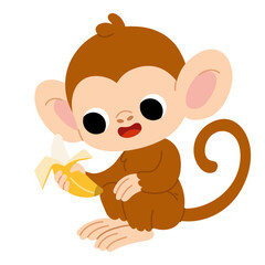 Cute monkey holding yellow banana. Flat animal vector illustration isolated on white background. Kawaii mascot for jungle kids books and food projects about zoo animals
