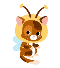 A brown spotted cat dressed in funny bee costume. Flat vector illustration isolated on white background. Kawaii cartoon animal character for kids books or pet themed projects