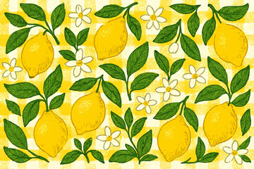 Hand-drawn Amalfi lemon seamless pattern. Vector background with citrus fruits, flowers, and leaves on a picnic gingham check. Summer Italian kitchen textile design, wallpaper.
