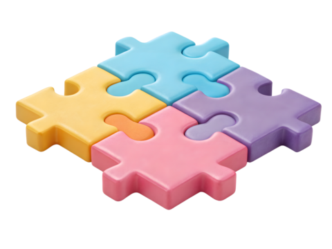 Four colorful jigsaw puzzle pieces connected isolated on transparent background