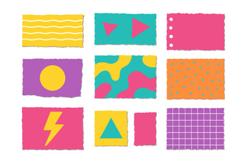 Set of torn paper with ripped edges. Trendy collage elements in retro 90s colors. Abstract geometric shapes and patterns for scrapbook. Vector note paper texture pieces.
