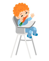 Cute little boy sits on high chair and happy gnaws carrot. Flat vector illustration isolated on white background. Kawaii character for kids nutrition or healthy lifestyle projects