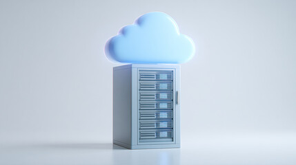 A stylized image depicting a data storage cabinet topped with a fluffy blue cloud, symbolizing cloud computing and digital storage solutions.