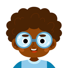 Happy African American boy with glasses in cartoon flat style. Vector illustration in kawaii style on a white background. Cute image for picture books, posters or inclusive learning projects