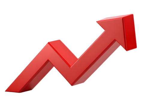 Red arrow pointing upwards isolated on transparent background