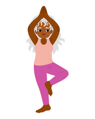 Cute cartoon illustration of an elderly female yogi standing on one leg. Aged lady character practices yoga balance with calm expression. Flat mascot for senior wellness and mindfulness.