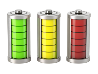 Three batteries with different charge levels isolated on transparent background