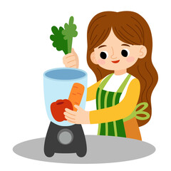 Girl making smoothie in blender from fruits and vegetables. Flat vector illustration isolated on white background. Kawaii character for wellness nutrition and kitchen projects