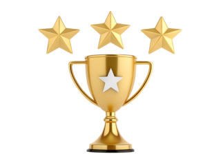 Golden trophy with three stars isolated on transparent background