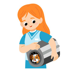 Cartoon girl volunteer at an animal shelter with dog in cage. Flat vector illustration isolated on white background. Kawaii veterinarian character for pet adoption or veterinary projects