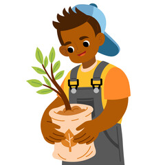 Boy in cap and overalls holds tree seedling in a bag. Flat vector illustration isolated on white background. Kawaii character for environmental projects and education kids materials