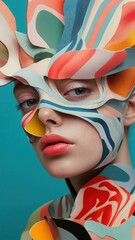 A captivating portrait of a woman adorned in an abstract, multi-layered mask of vibrant, flowing patterns, blending fashion and artistry into a surreal visual experience