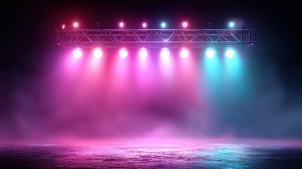 Neon lights illuminating a DJ stage with a vibrant festive atmosphere  
